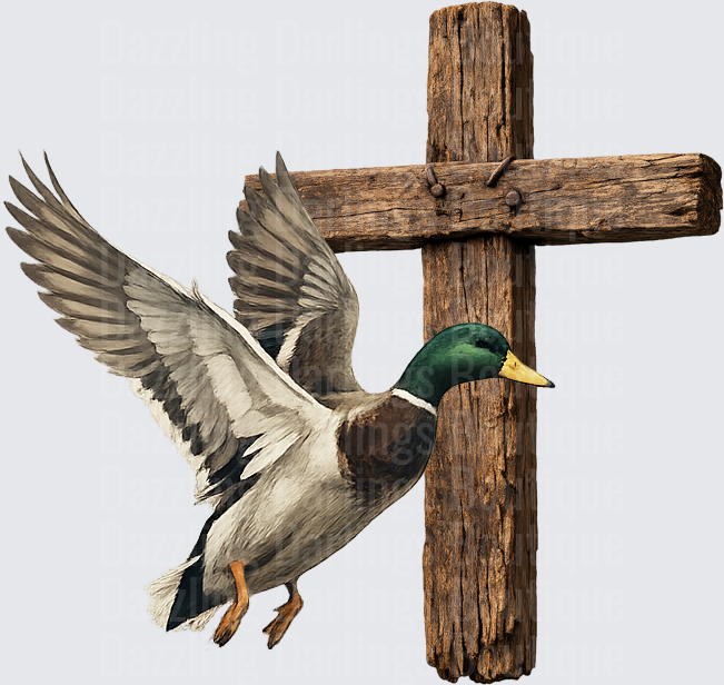 Flying Mallard Duck with Rustic Wooden Cross
