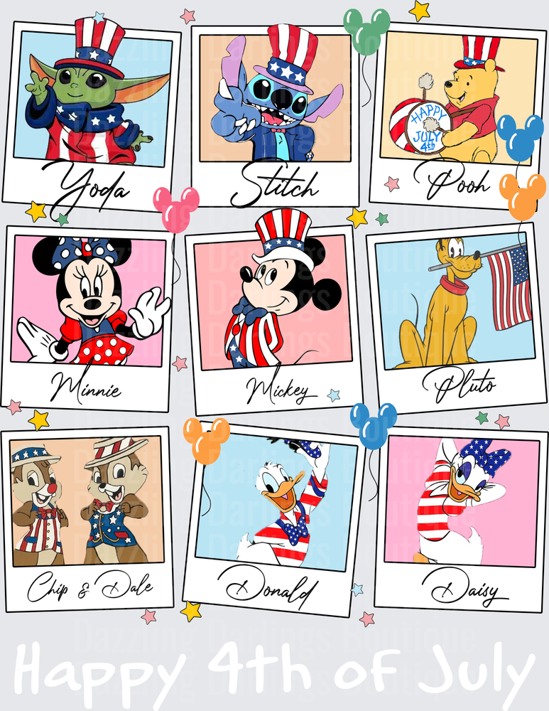 Disney Characters Patriotic July 4th Polaroid Photo Grid
