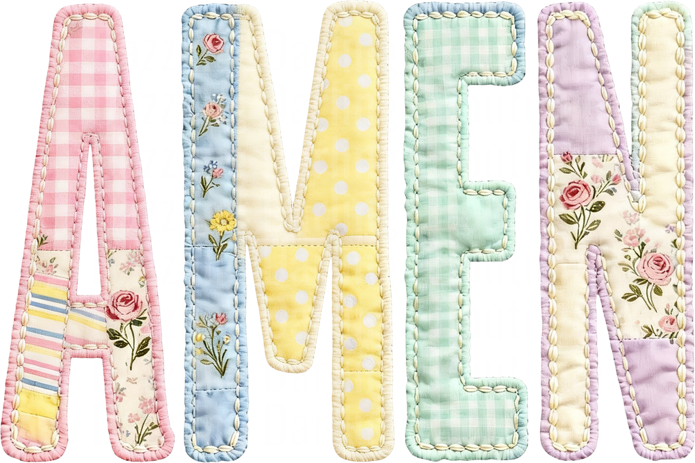 Quilted Patchwork AMEN Letters with Floral Rose Details