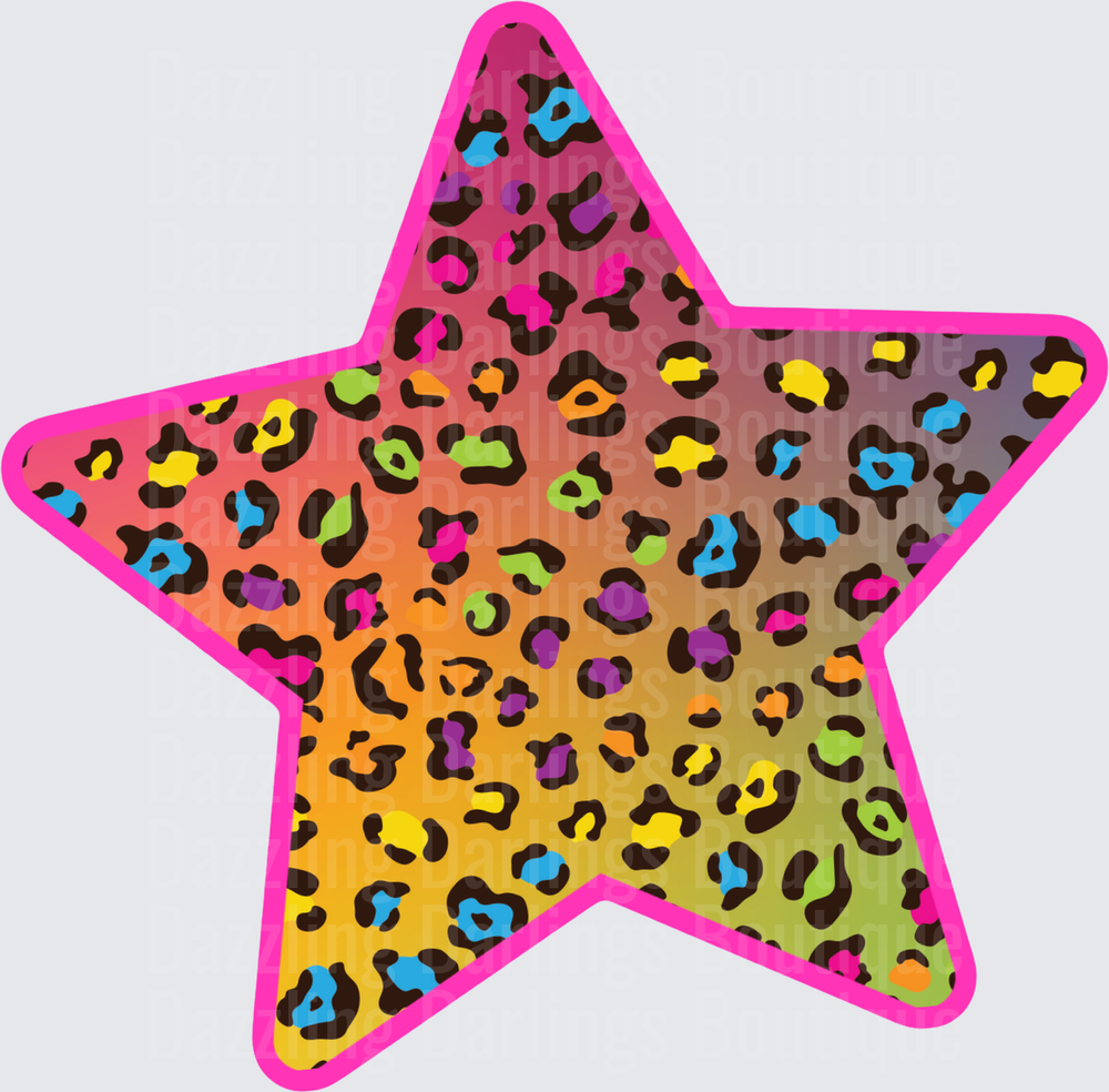 Rainbow Gradient Leopard Print Star with Pink Outline