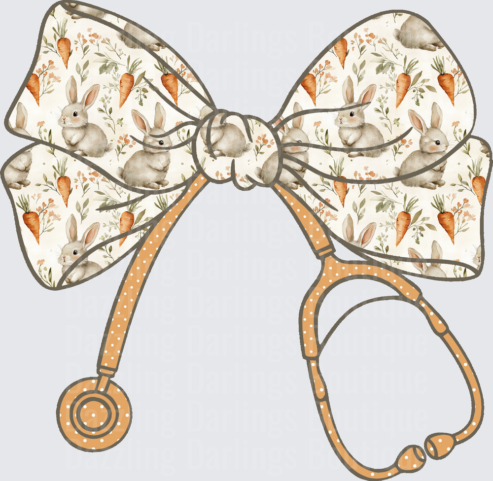 Stethoscope Bow with Watercolor Bunnies and Carrots Pattern