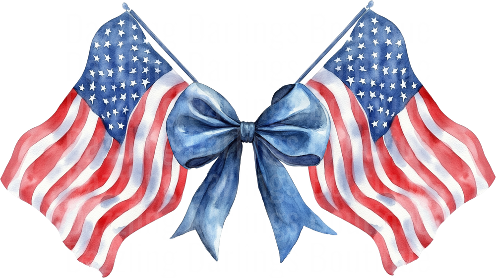 Crossed American Flags with Blue Ribbon Bow Watercolor Design