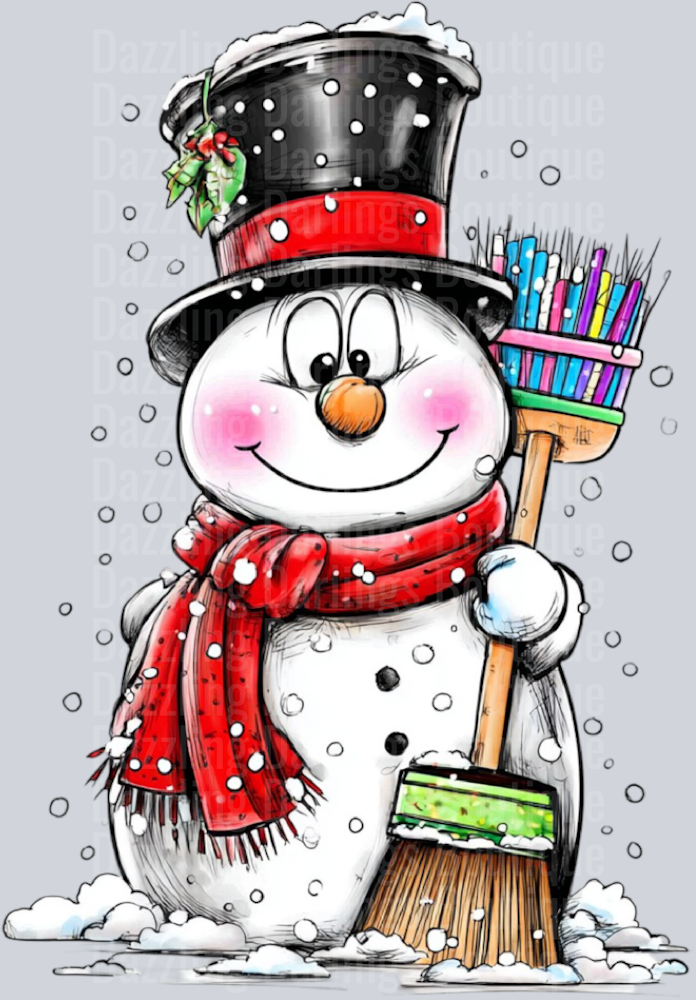 Hand-drawn Snowman Colorful Broom Black Hat