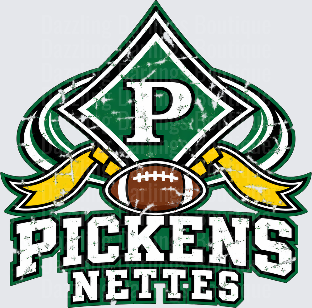 Pickens Nettes Football Distressed Green Gold Spirit Logo