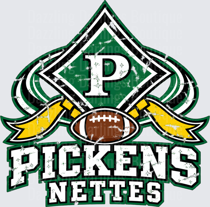 Pickens Nettes Football Distressed Green Gold Spirit Logo