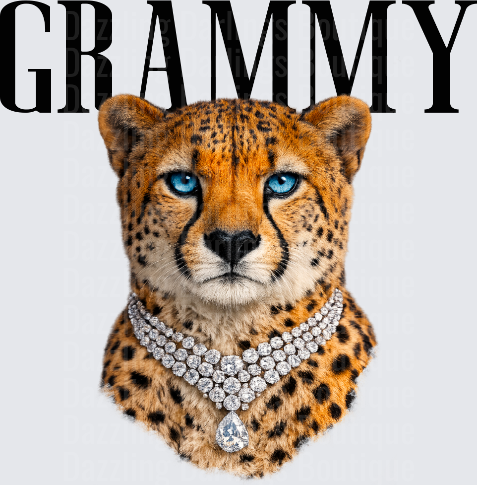 Grammy Cheetah with Blue Eyes and Diamond Necklace