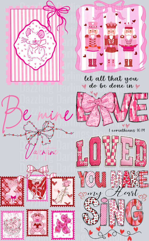 Valentines Day Premade Gang Sheet 22"x36" Pink Be Mine Loved You Sing
