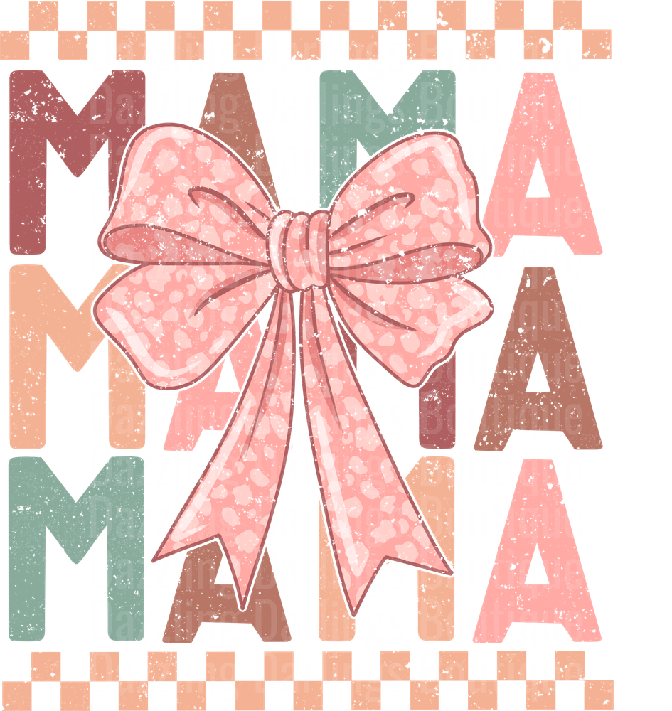 Vintage MAMA Text with Pink Bow and Checkered Border