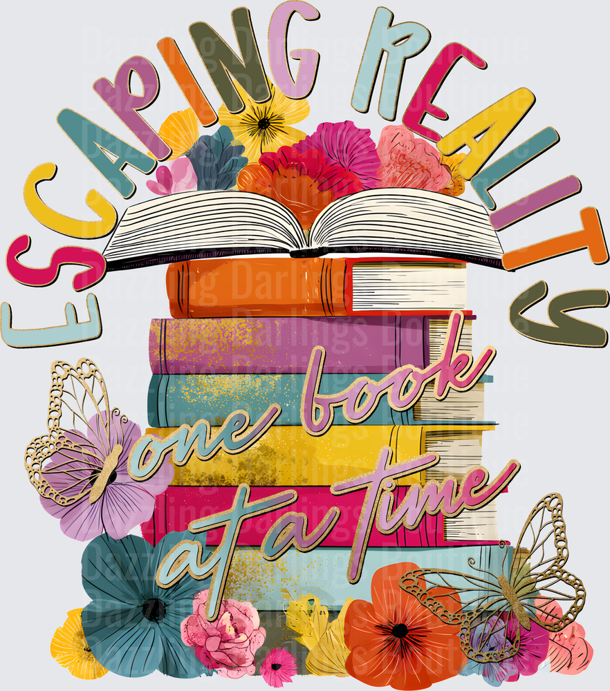 Escaping Reality One Book At A Time Floral Book Stack