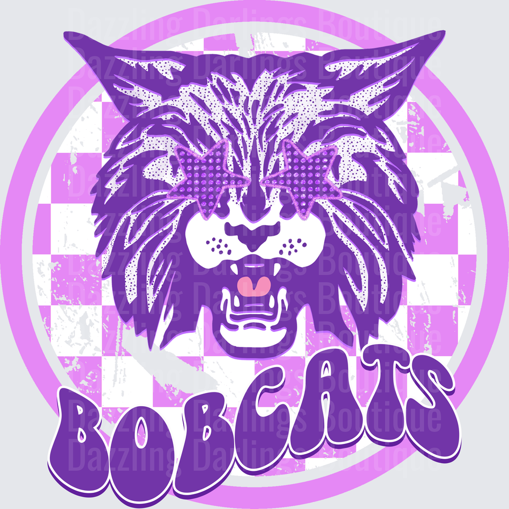 Purple Bobcats Mascot Checkered Circle Logo