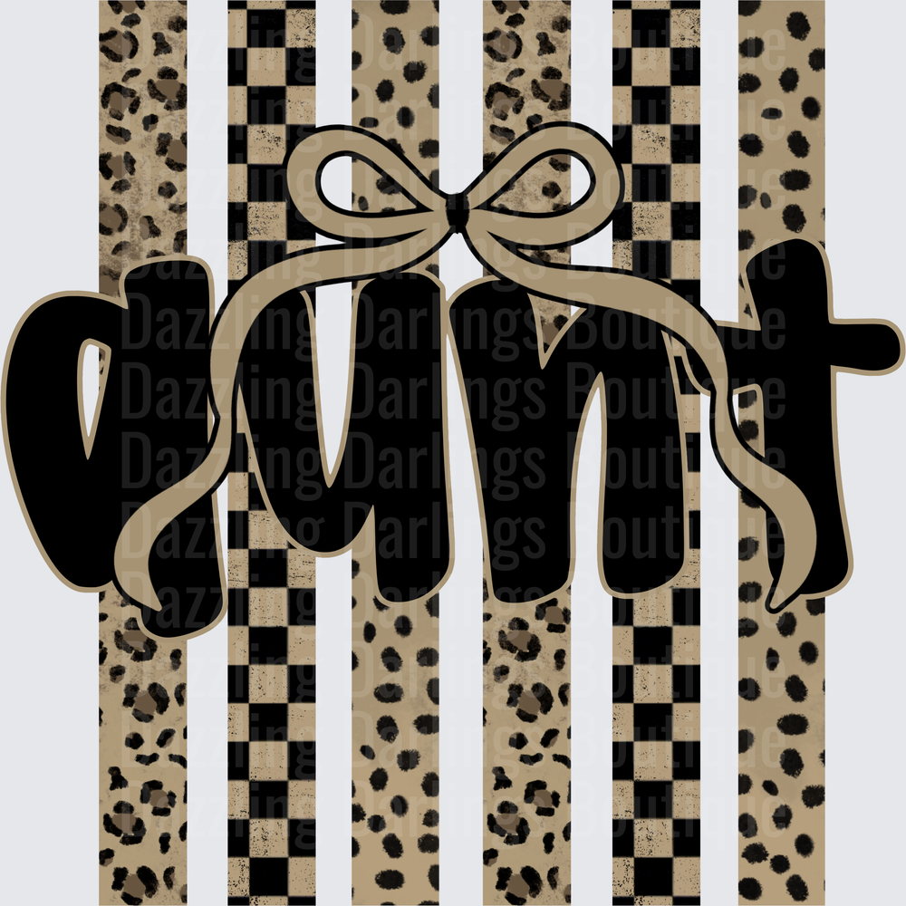 Aunt Text with Bow Tie Leopard Print and Checkered Stripes