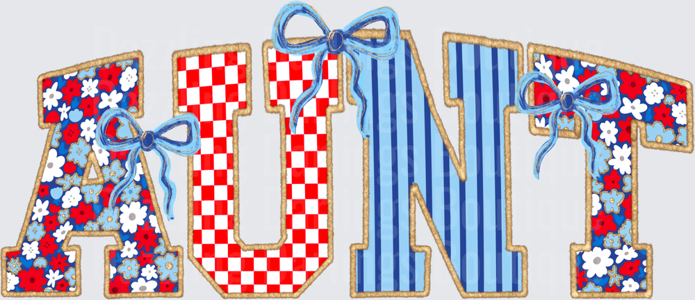 AUNT Letters with Floral Patterns Red Checkered Blue Stripes and Bows