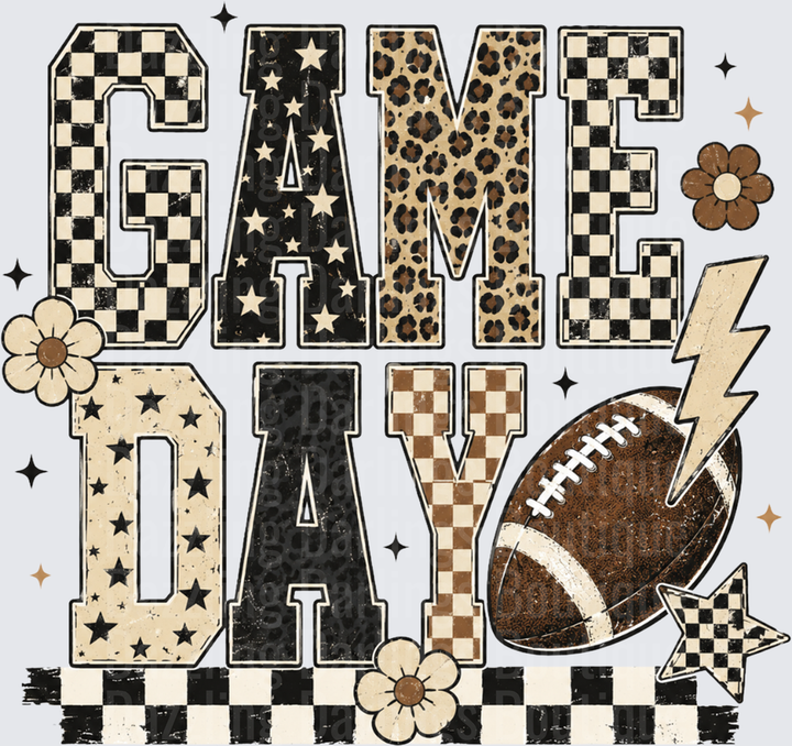 Game Day Black Cream Leopard Checkered Letters Lightning