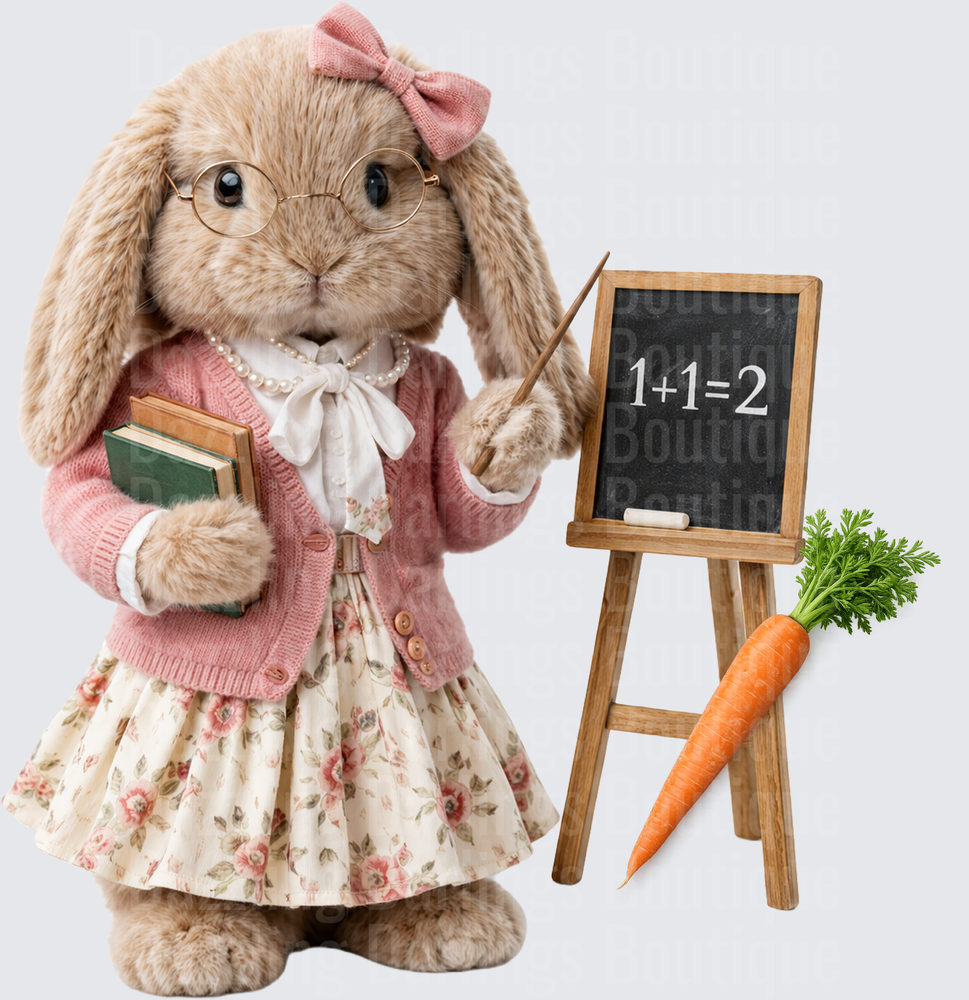 Teacher Bunny with Pink Bow and Glasses at Chalkboard