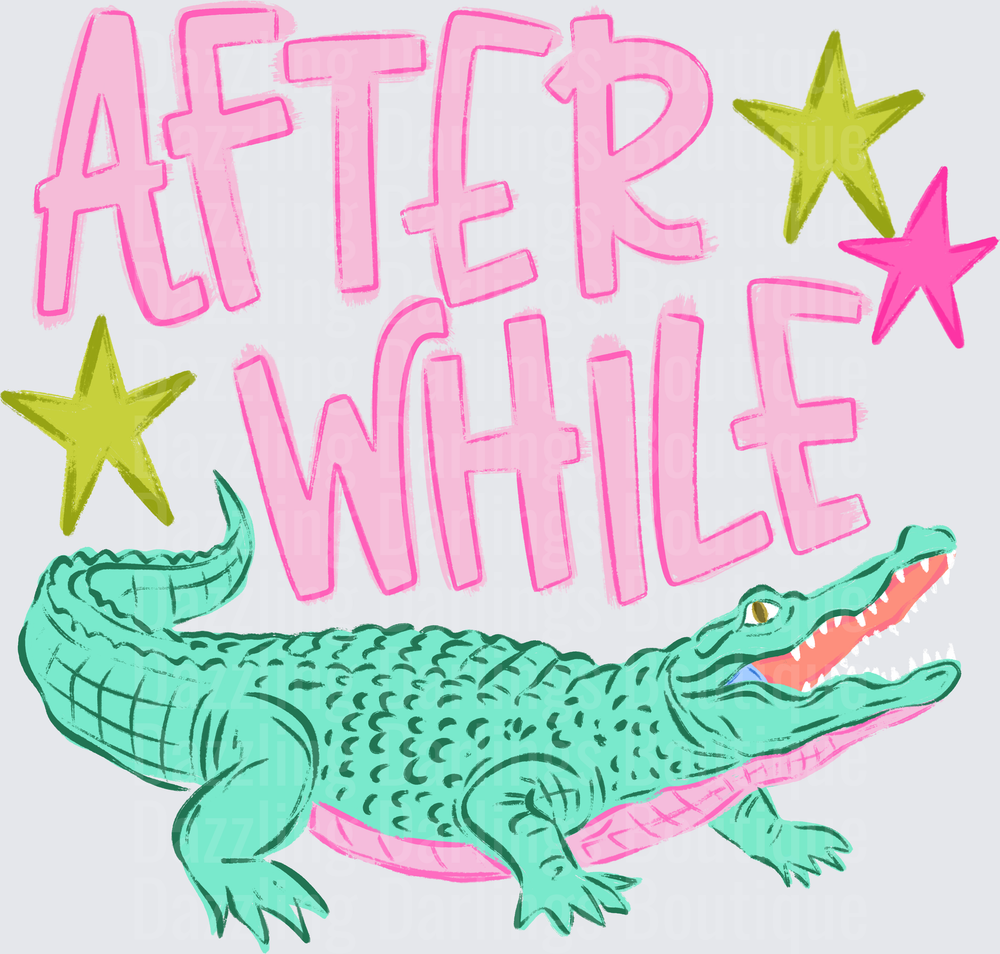 After While Crocodile Pink Text with Green Alligator and Stars