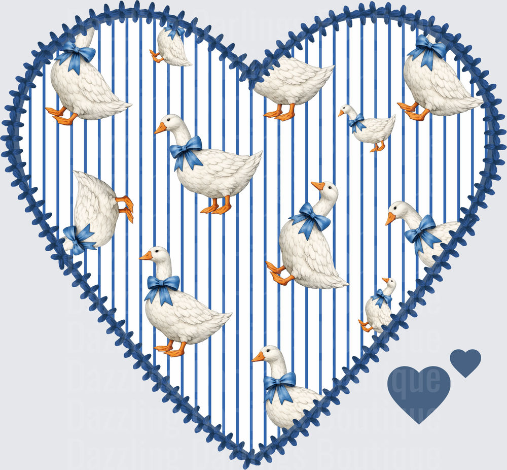 White Geese with Blue Bows Heart Shape Nautical Striped Design
