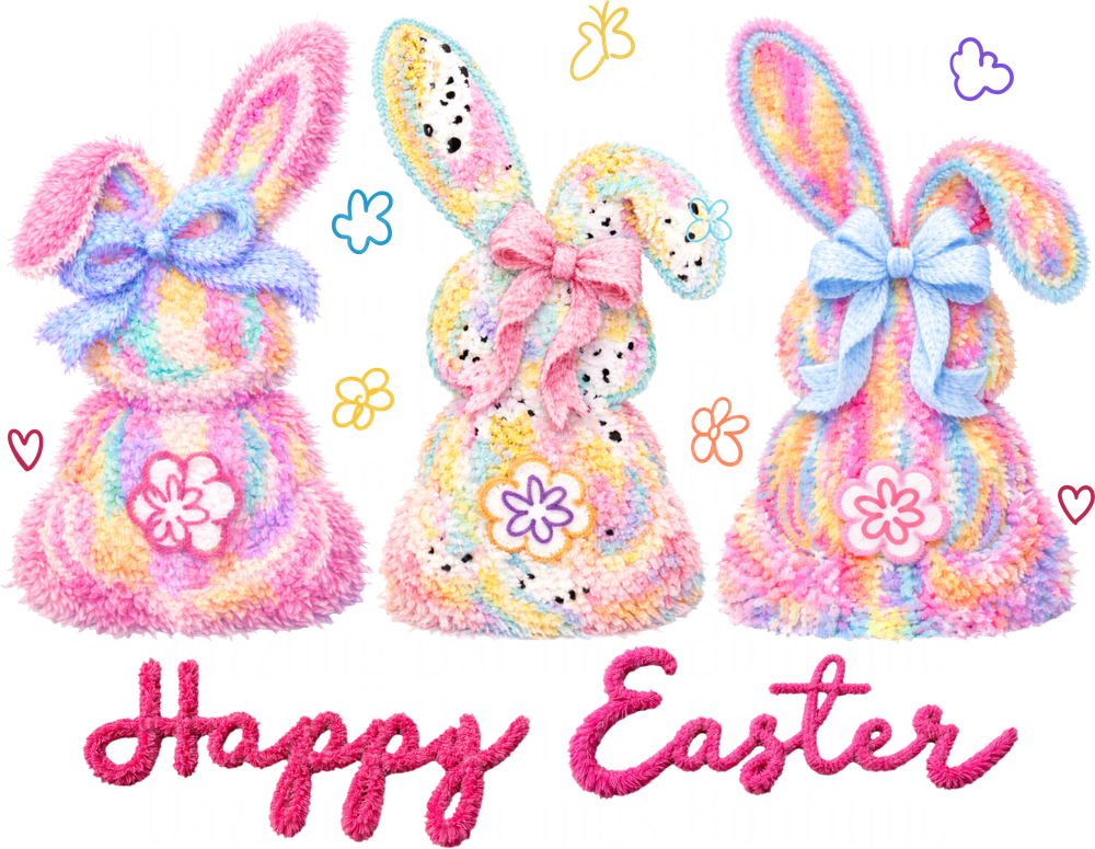 Happy Easter Rainbow Tie Dye Bunny Gnomes with Bows and Flowers