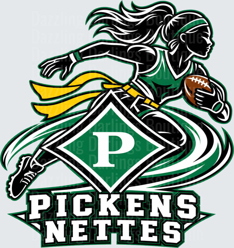 Pickens Nettes Flag Football Running Girl Green Gold Logo