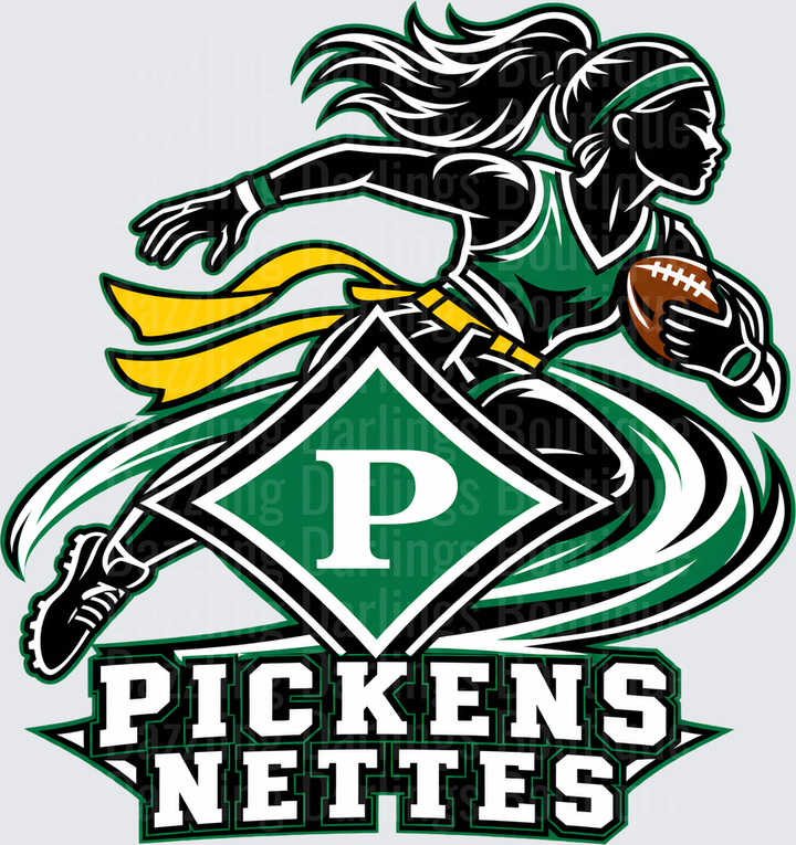 Pickens Nettes Flag Football Running Girl Green Gold Logo