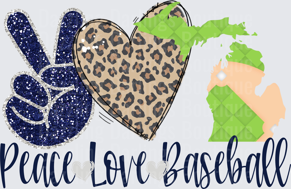 Peace Love Baseball Michigan State Leopard Heart Glitter