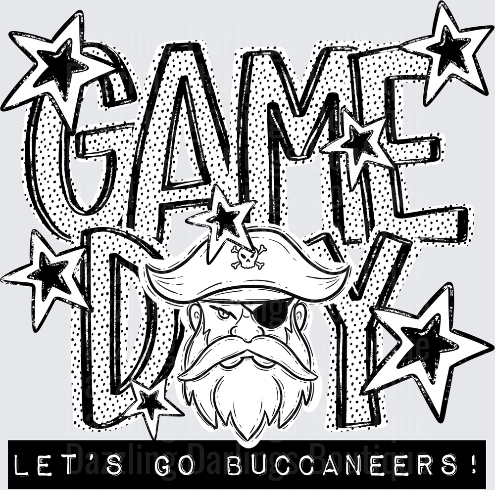 Game Day Let's Go Buccaneers Pirate Stars Black White