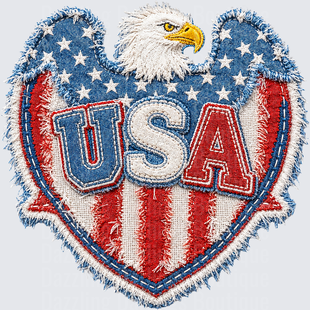 Patriotic USA Eagle Heart with Frayed Denim Flag Design