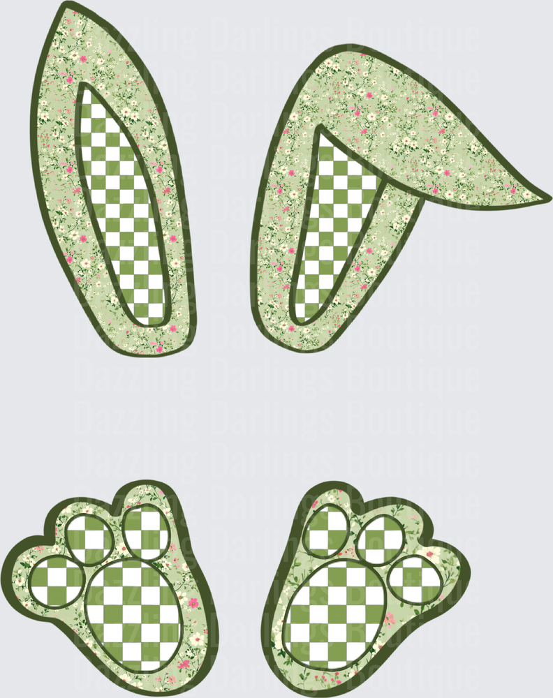 Green Floral Easter Bunny Ears and Paws with Checkered Pattern