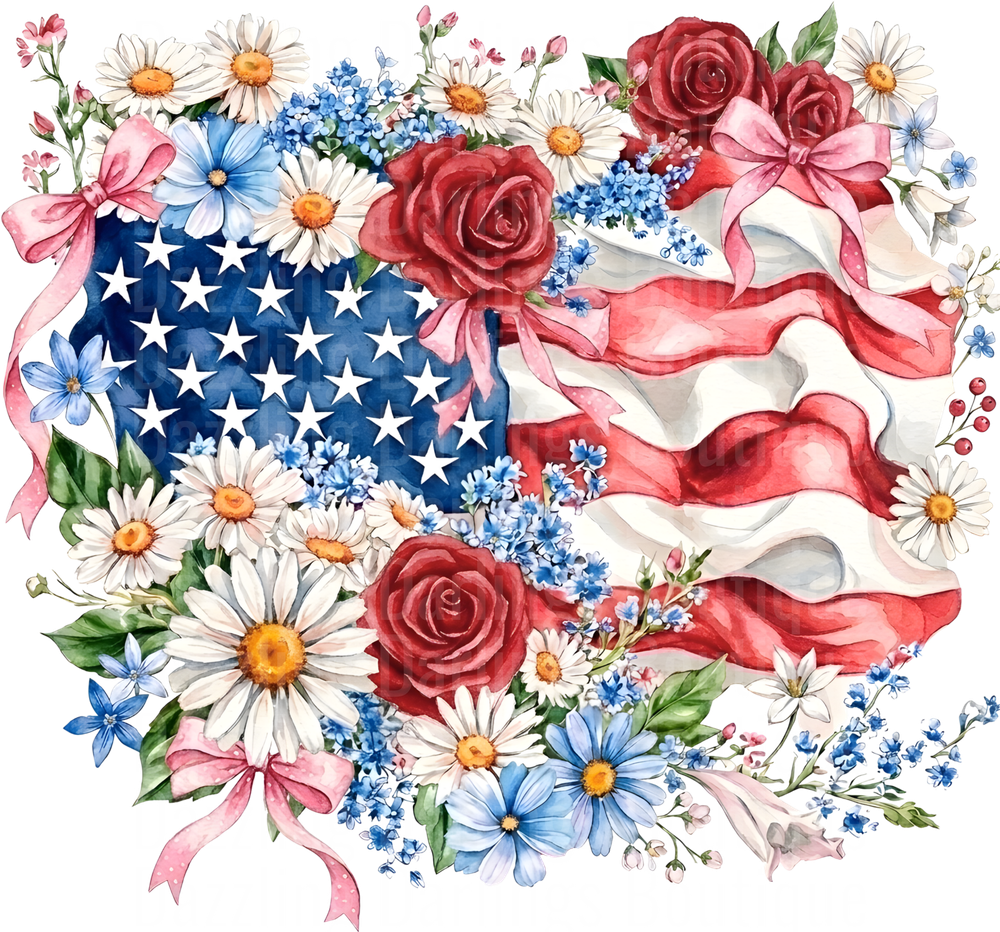 Watercolor American Flag with Red Roses and Daisies Floral Bouquet