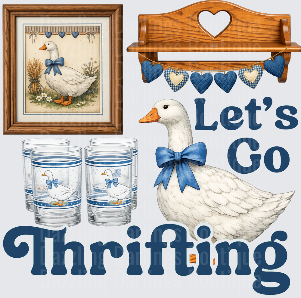 Let's Go Thrifting White Goose Blue Bow Country Decor