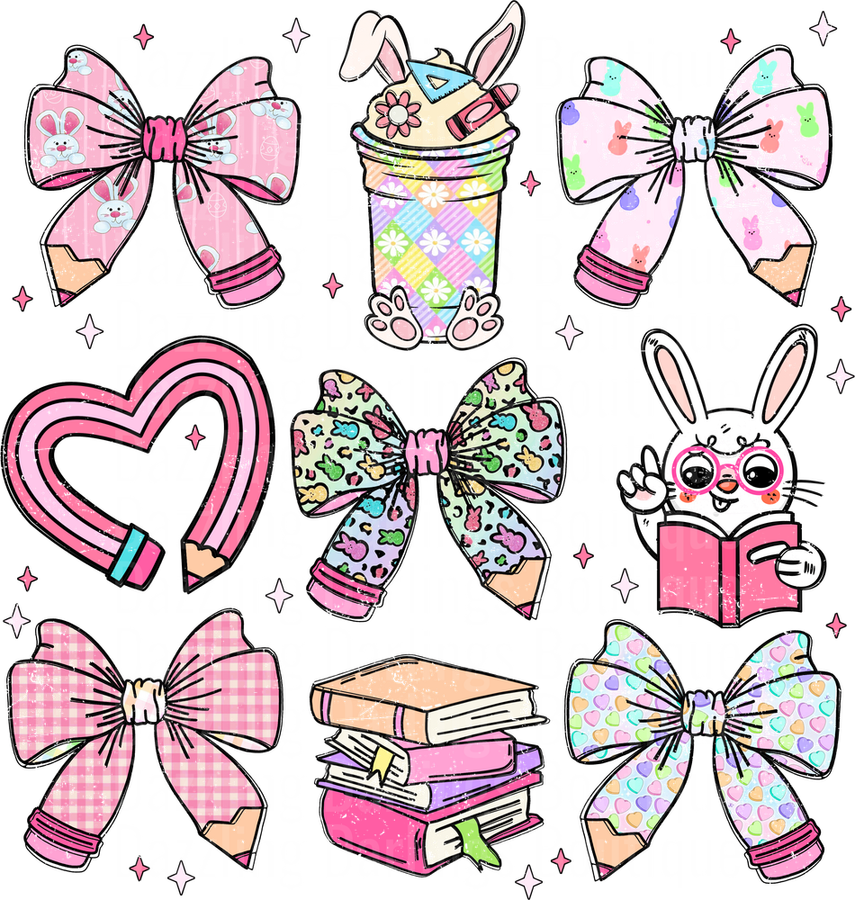 Cute Easter Bunny Teacher Elements with Pencil Bows and Books