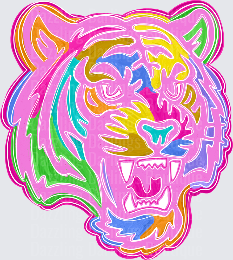 Neon Rainbow Roaring Tiger Head Pink Psychedelic Pop Art