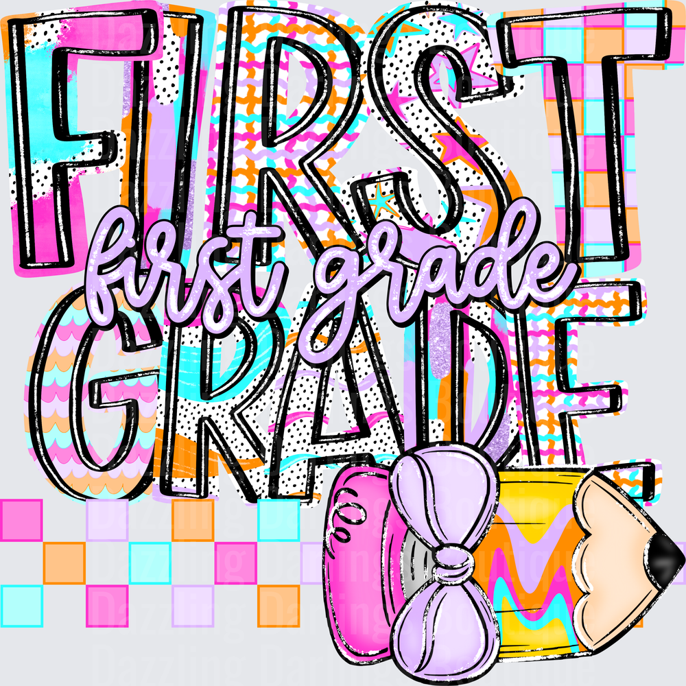First Grade Colorful Bold Typography Pencil Bow School