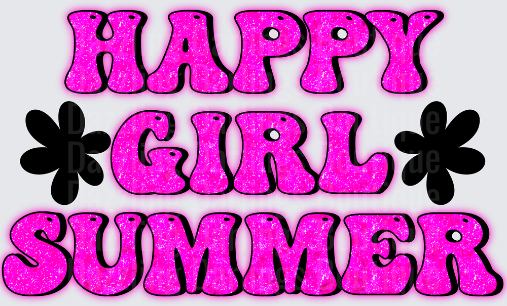Happy Girl Summer Hot Pink Glitter Text with Black Flowers