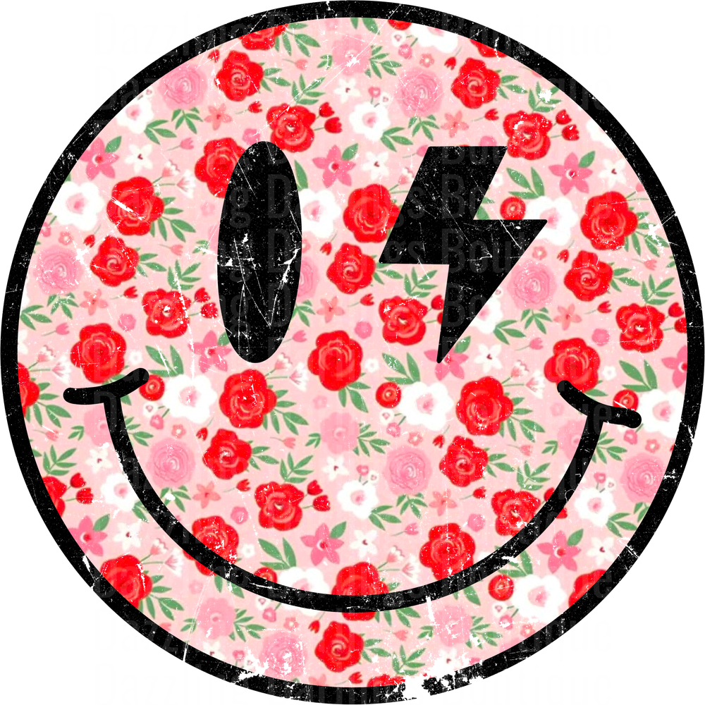 Floral Smiley Face with Lightning Bolt Eyes Distressed Circle