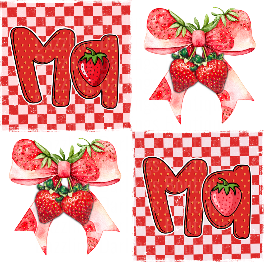Strawberry Letters MaMa with Bow and Red Checkered Background
