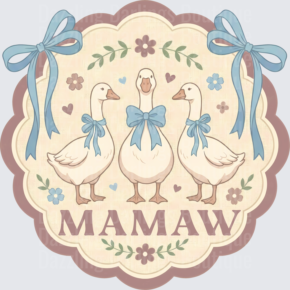 Mamaw Three Geese with Blue Bows Vintage Floral Frame