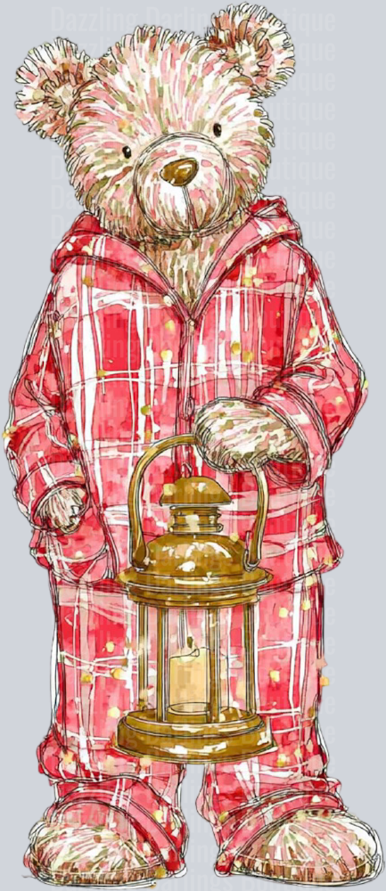 Christmas Teddy Bear Plaid Pajamas Gold Lantern