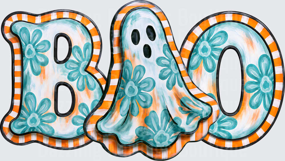 Boho Floral BOO Ghost Halloween Teal Orange Checkered Sign