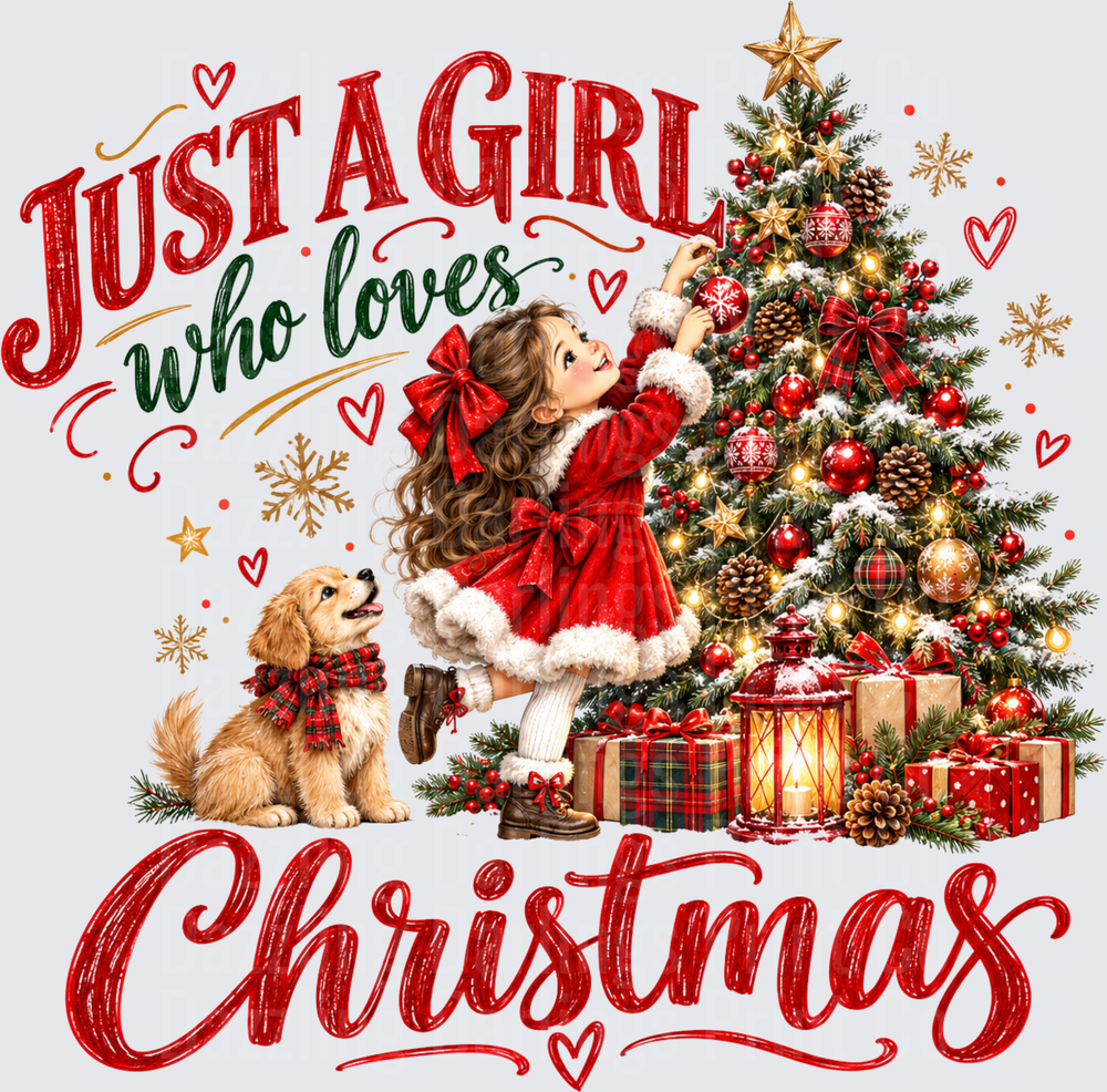 Just A Girl Who Loves Christmas Vintage Girl Tree Puppy Script