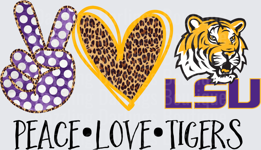 Peace Love LSU Tigers Purple Polka Dot Leopard Heart Design