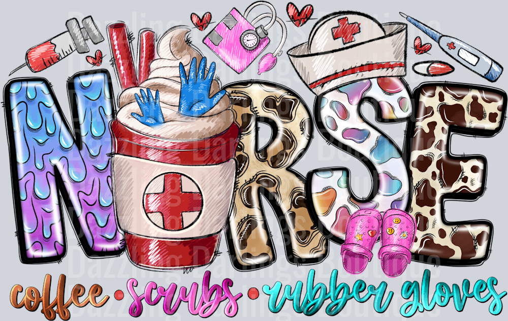 Nurse Coffee Scrubs Rubber Gloves Leopard Patterned Letters