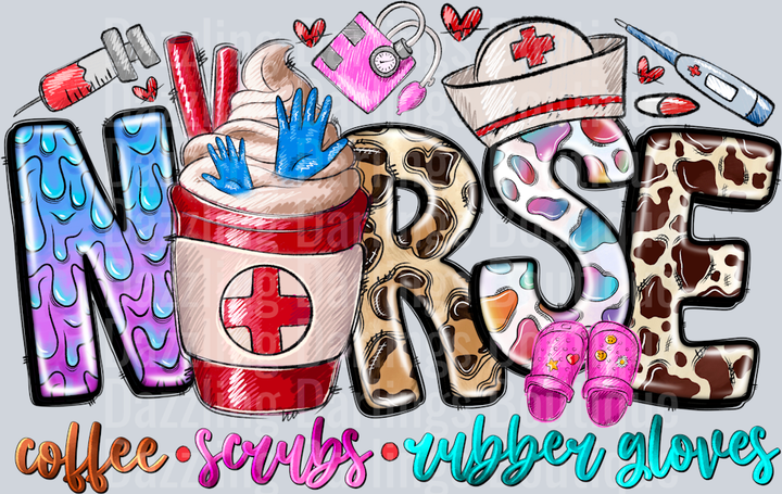 Nurse Coffee Scrubs Rubber Gloves Leopard Patterned Letters