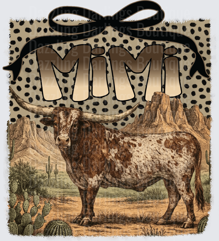 Mimi Leopard Print Bow Longhorn Bull Desert Scene