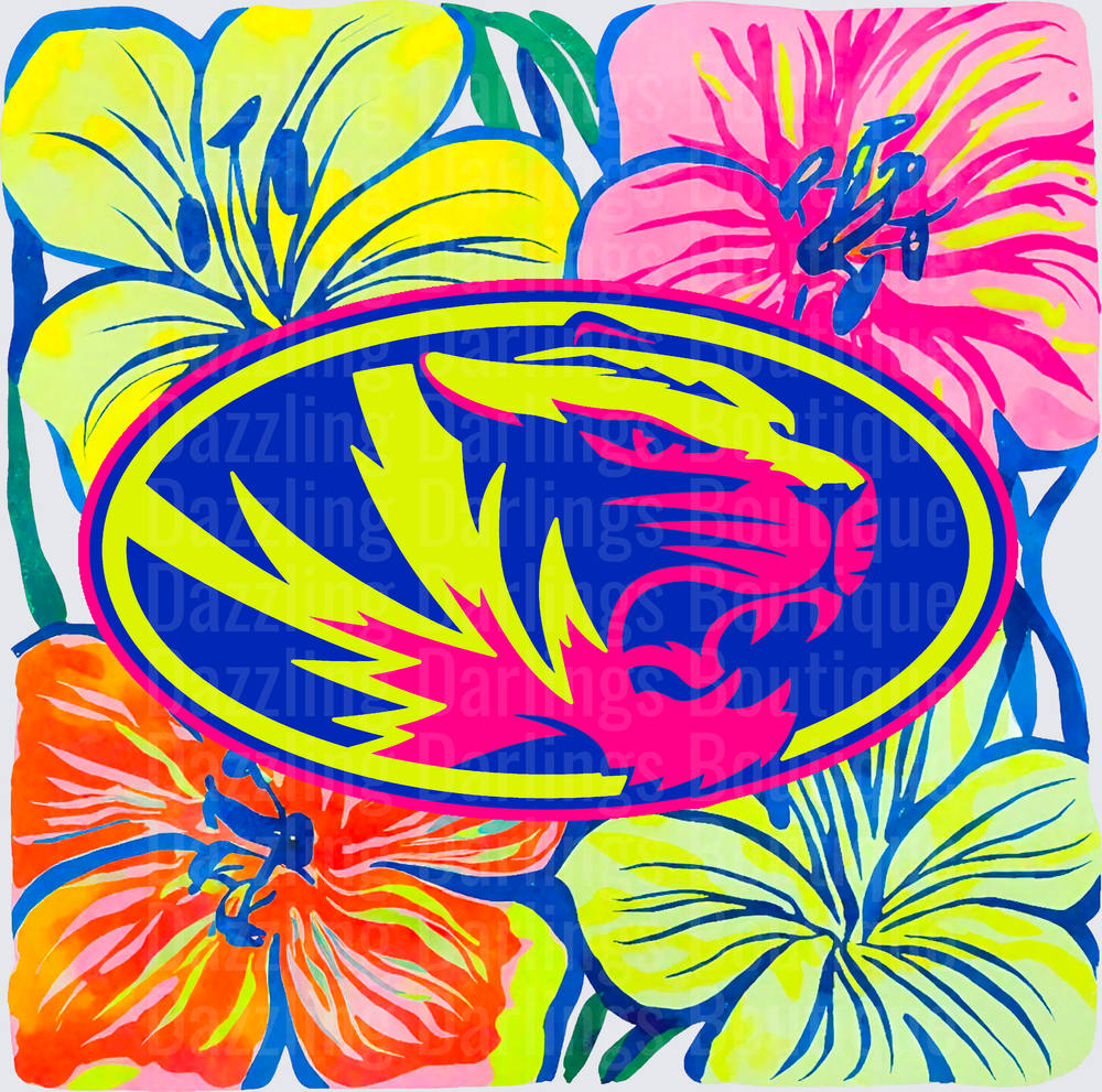 Mizzou Tigers Logo Neon Tropical Hibiscus Floral