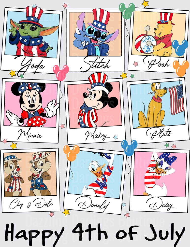 Disney Characters Patriotic Polaroid Happy 4th of July Grid