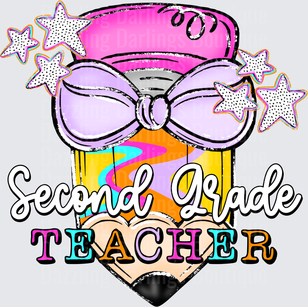 Second Grade Teacher Pencil with Bow and Stars