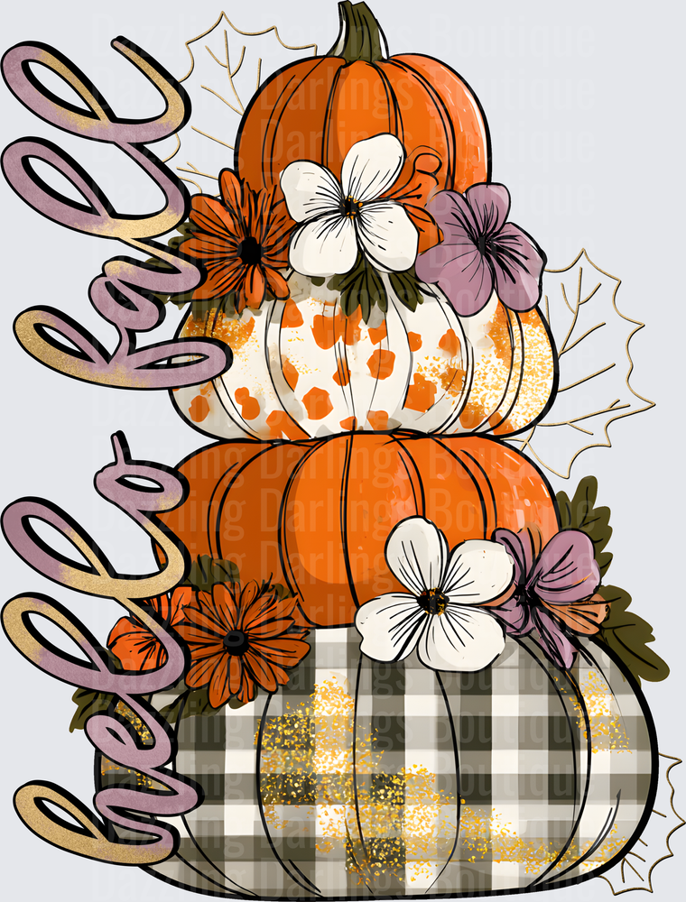 Hello Fall Stacked Pumpkins Floral Buffalo Plaid Tower
