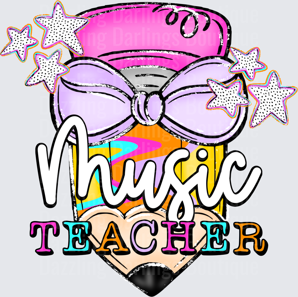 Music Teacher Retro Pencil Bow Stars Colorful Design