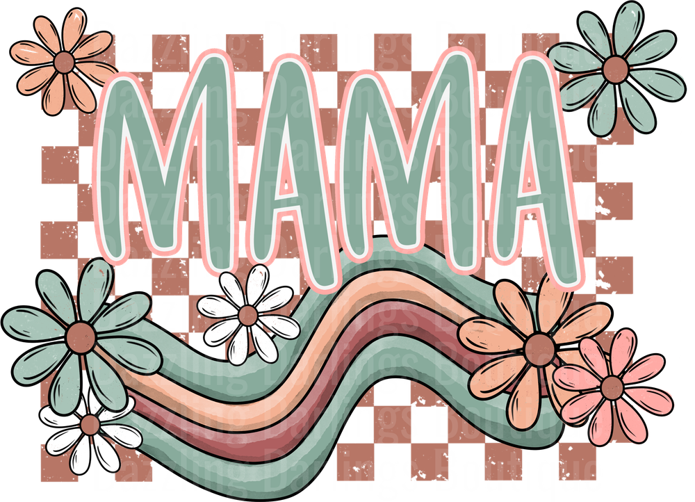 MAMA Retro Groovy Rainbow with Daisies Checkered Background