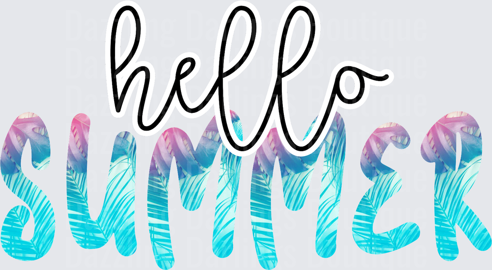 Hello Summer Tropical Palm Leaf Gradient Text Design